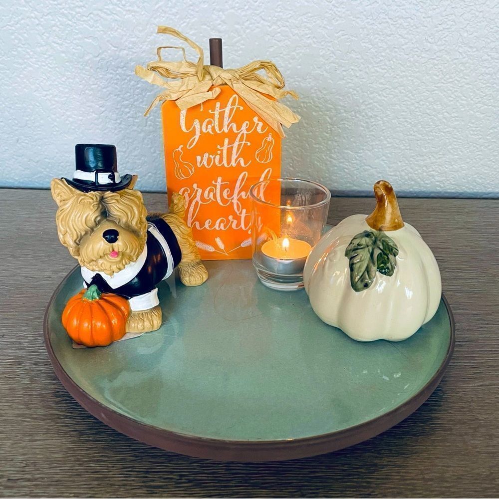 Fall Halloween Dog 5-pc “Grateful” Pumpkin Decor Tray Centerpiece Set